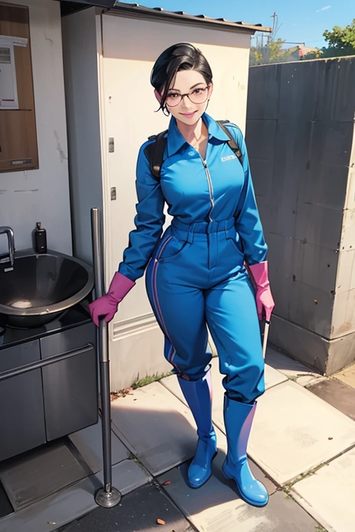 A mature woman with short black hair slicked back and wearing glasses and a blue long-sleeved jumpsuit is cleaning a dirty public toilet in a park while wearing large pink rubber gloves and white rubber boots and smiling gently.