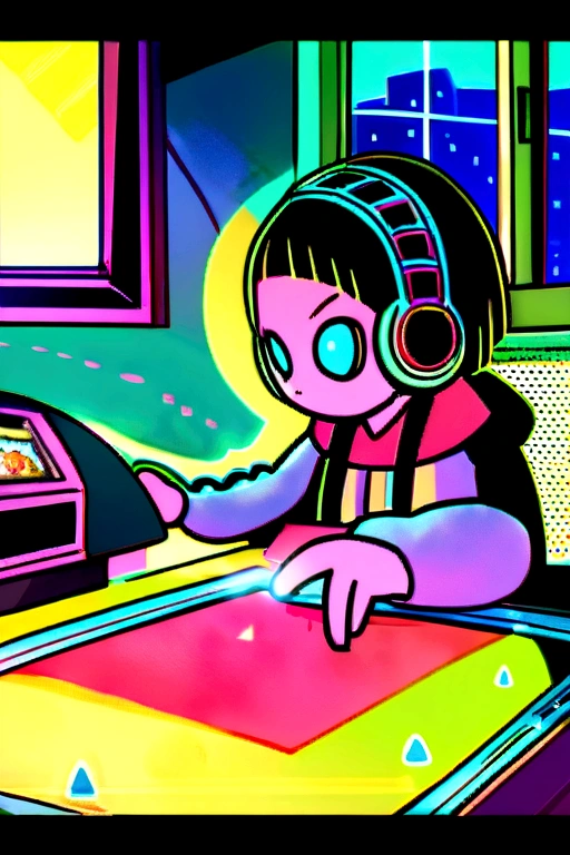 (zero), Girl studying in room, Reading a book, Wear headphones, , night lighting, Neon scenery on a rainy day,Analog Color Theme, Lo-fi Hip Hop , review, flat, 2.5D ,Draw a line, Ink painting, Large slope, Watercolor, Goosh Colors, Studio Ghibli style, Great colorful, Outerton, Synthwave, Lofi Art,90s Style,Old Texture, amplitude,90s vibe, Tabletop, Great technology, 16:9 Scale