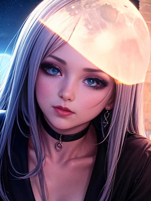 Depth of bounds written, detailed eye, ((CG illustration)), ((face focus)), ((masterpiece)), ((8K)), ((super detailed)), ((Super high quality)), ((cinematic)), ((Photoreal)), ((close up shot)), (solo), (cool girl), very long hair, straight hair, (((thin body))), Glossy skin, ((look away)), (Beautiful goth girl with high cheeks and legs), Gothic makeup, clear eyes, lipstick, dark eye shadow, ((No bra)), choker, earrings, provoke, night, ((full moon)), ((Functional)), Lonely, Visual kei, ((pastel colour)), Unwound clothes, forget, kiss, White Knight, dark, silence