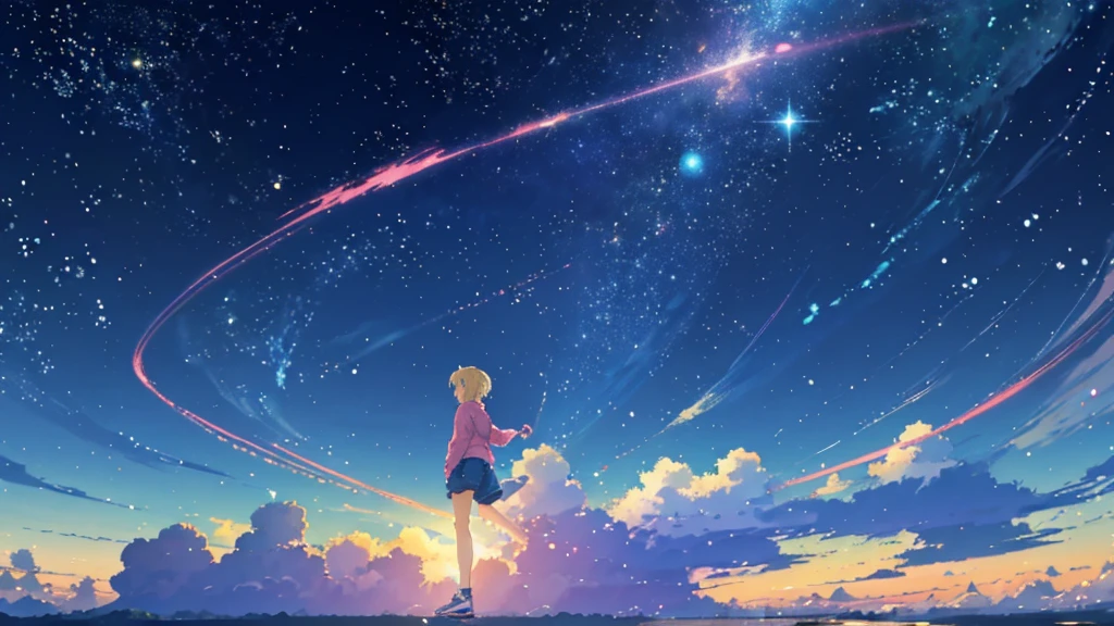 Beautiful sky anime scene with stars and planets, Space Sky. by Makoto Shinkai, anime art wallpaper 4k, anime art wallpaper 4k, Anime Art Wallpapers 8K, anime wallpaper 4k, anime wallpaper 4k, 4k anime wallpaper, Anime Sky, Awesome Wallpapers, Anime Background, Heavenly planets in the background, Anime Background art no humans landscape、Blonde、Shortcuts、Pink hoodie、Denim shorts、Black sneakers、Cat ear