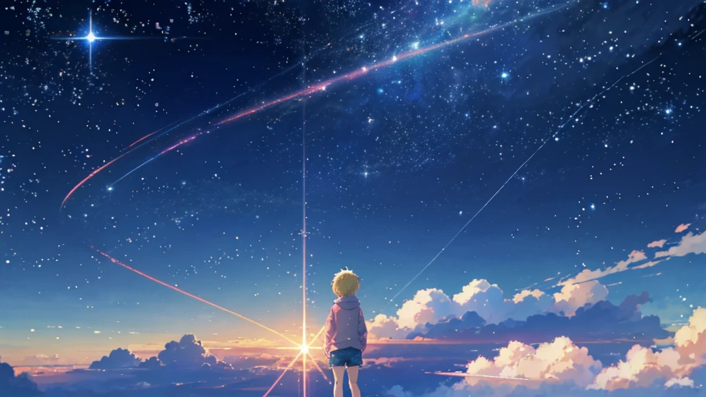 Beautiful sky anime scene with stars and planets, Space Sky. by Makoto Shinkai, anime art wallpaper 4k, anime art wallpaper 4k, Anime Art Wallpapers 8K, anime wallpaper 4k, anime wallpaper 4k, 4k anime wallpaper, Anime Sky, Awesome Wallpapers, Anime Background, Heavenly planets in the background, Anime Background art no humans landscape、Blonde、Shortcuts、Pink hoodie、Denim shorts、Black sneakers、Cat ear
