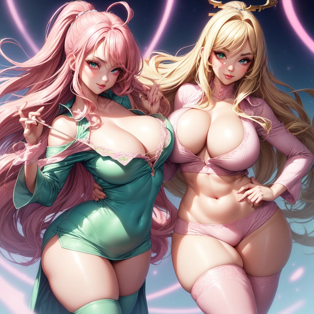 ((1 girls), solo, clevage, Big round breasts, trendy, stylish, clevage, thighs, hips, realistic, pink hair, blonde hair, light green eyes, lip gloss, detailed face, amazing big eyes, eye details, big lips, eyebrow details, blush, confident, dominant, bdsm, smirk, naughty, mischevious face, HD, good quality, curvy, standing up, thick thighs, attractive, amazing body, perfect body, slim thick, bedroom, pink pyjamas