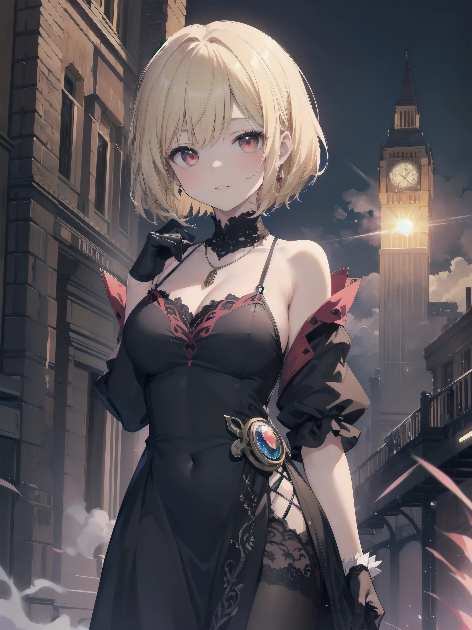 (masterpiece:1.2), (Highest quality:1.2), Ultra-high resolution, Very detailed, BREAK, ((Anime girl standing with happiness in her hands)), Clear Girl, (1 person,ta,boyish, 6 ye), A light smile, , girl who looks like a boy, Bob cut hair, ((Blonde Hair)), Messy Hair, Super huge breasts overflowing with soft fat mass、Waistline、Slender body, Small Ass, Small red eyes,Fine and beautiful eyes, Well-proportioned iris and pupil, Expressive eyes, Beautiful and detailed lips, High resolution detailed hair, Perfect Eyes, Perfect Face, ultra high density skin, Full Finger, Perfect lighting, break, ((Purple Necklace)), ((Black and red luxury dress:1.3)), light green tie, Sparkling Sapphire, Lady, Wear white gloves, BREAK, (steampunk), Castle balcony, Skyscraper, Night view, Equipment, (Steam spewing out from :1.2), Fantasy, BREAK, ((Positive:1.3)), BREAK, Digital anime art,Anime style illustrations,Anime illustration