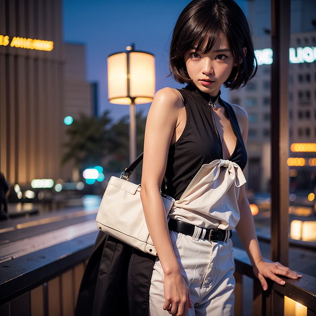 Girl with medium short black hair. At night on a balcony while smoking