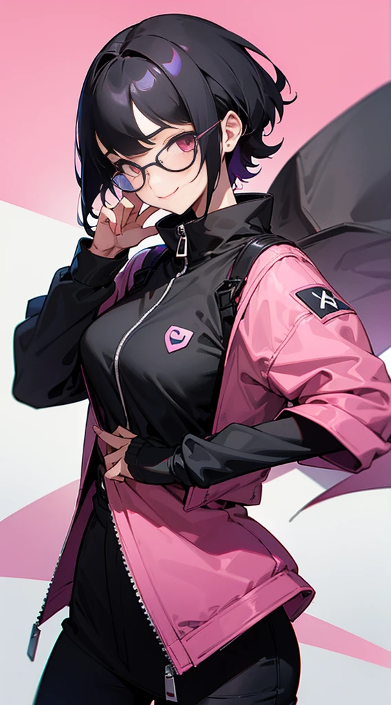 Top Quality, 8K, 4K, High Definition, Detail, (better-quality, 8K, 12), top-quality, 1 girl、only showing her face, she has Black hair, wearing a yellow pin on her right side of her hair, she has her hands together, she looking at you, she is smiling at you, medium breast, her jacket color dark gray with a pink zipper, pink eyes, showing her face and chesat, short hair long as her neck, (only showing half of her body) her jacket is loose. she is wearing earing only right ear shaped has a heart, she has her hand up making a pose, get closer to see up close of her face, she making a pose, she making pose her finger, wearing glasses, japanses face, had smile,
