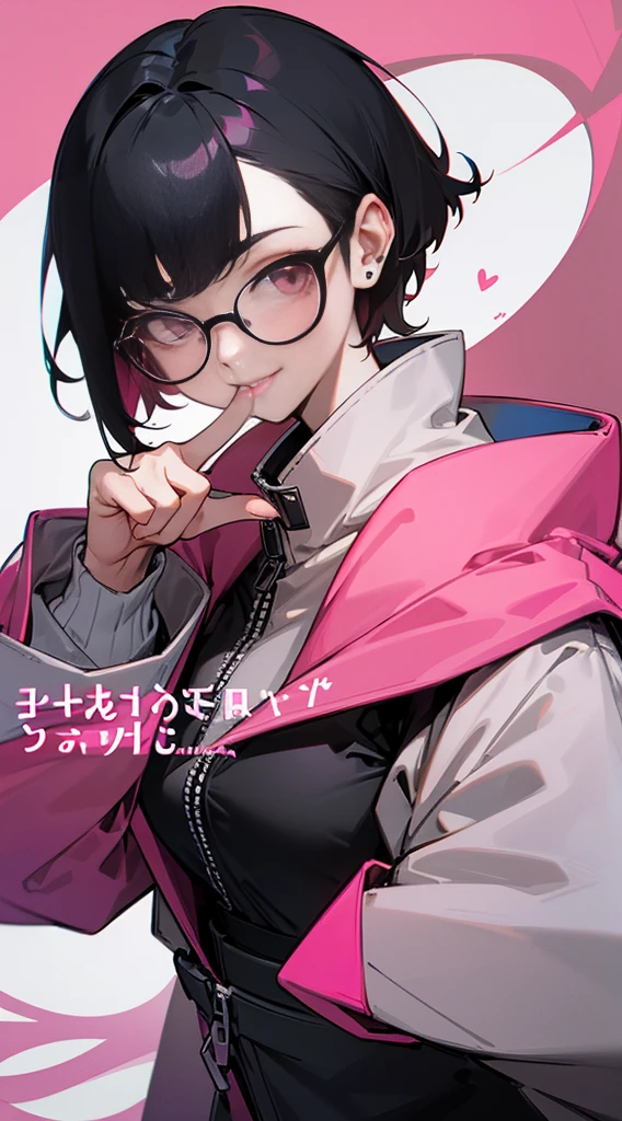 Top Quality, 8K, 4K, High Definition, Detail, (better-quality, 8K, 12), top-quality, 1 girl、only showing her face, she has Black hair, wearing a yellow pin on her right side of her hair, she has her hands together, she looking at you, she is smiling at you, medium breast, her jacket color dark gray with a pink zipper, pink eyes, showing her face and chesat, short hair long as her neck, (only showing half of her body) her jacket is loose. she is wearing earing only right ear shaped has a heart, she has her hand up making a pose, get closer to see up close of her face, she making a pose, she making pose her finger, wearing glasses, japanses face, had smile,