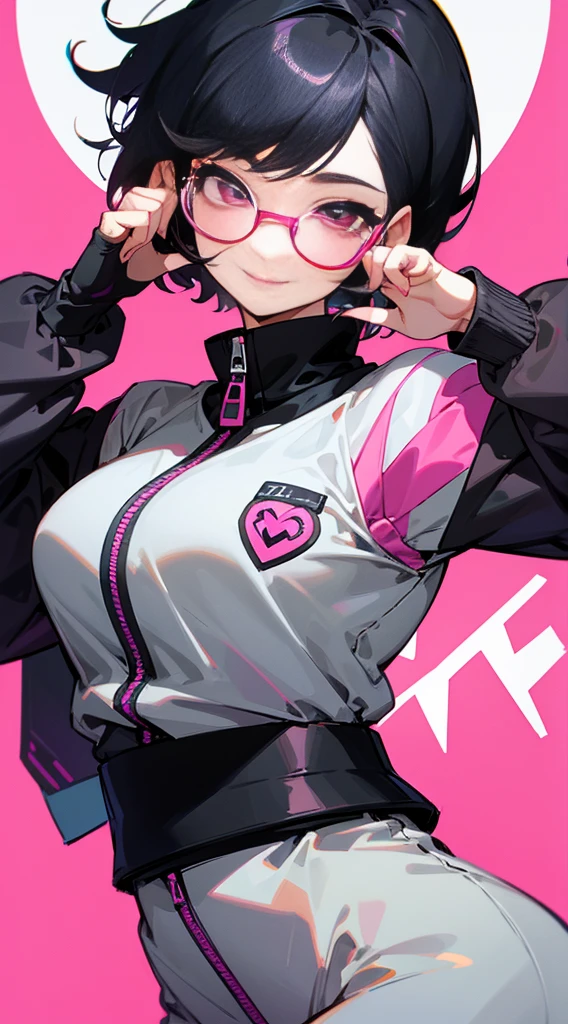 Top Quality, 8K, 4K, High Definition, Detail, (better-quality, 8K, 12), top-quality, 1 girl、only showing her face, she has Black hair, wearing a yellow pin on her right side of her hair, she has her hands together, she looking at you, she is smiling at you, medium breast, her jacket color dark gray with a pink zipper, pink eyes, showing her face and chesat, short hair long as her neck, (only showing half of her body) her jacket is loose. she is wearing earing only right ear shaped has a heart, she has her hand up making a pose, get closer to see up close of her face, she making a pose, she making pose her finger, wearing glasses, japanses face, had smile,