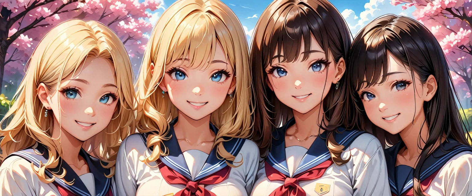 (Highest quality, 4K, High resolution, masterpiece:1.2), Very detailed, (Anime Style, Realistic:1.37), [An illustration]、colorful、elegant、Portraiture、high school girl、Sailor suit, A memorable group photo、Four Girls、got in line、Cute pose、Light-colored clothing、Beautiful attention to detail、Gorgeous Hairstyle、Fun Expressions、Sunny outdoor scenery、(Cherry blossoms bloom)、 New School Year Morning、 Soft natural light、Bright smile、like々New Attractions、Friendship、Carefree atmosphere、Pleasant memories。