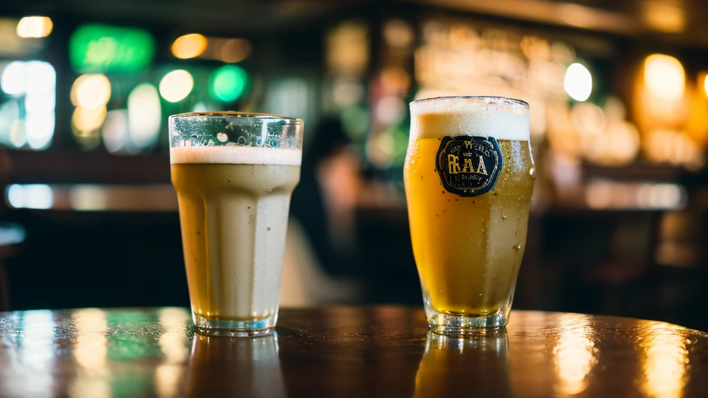 Written boundary depth, HD detailed, Wet Watermark, Hyper Detail, Realistic photos, 16K, Surrealism, Deep focus bokeh, Ray Tracing, Sepia、bar、There is beer in the glass、 There is foam on top of the beer、Focus on the glass