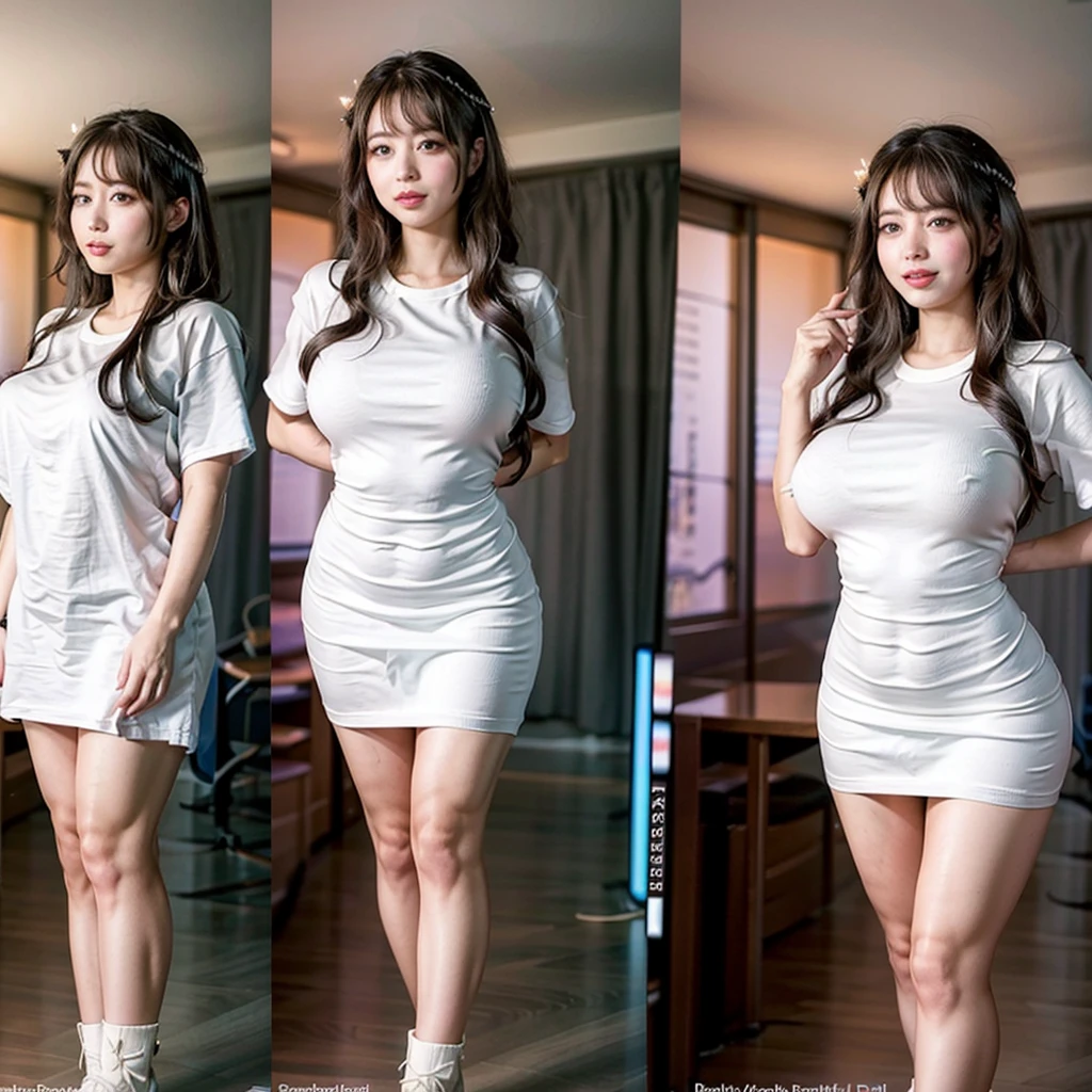White and Bright Red, (Masterpiece 8K TopQuality:1.2) (ProfessionalPhoto:1.37) ExtremelyDetailed (((KAWAII girl with HUGE boobs:1.4)) oversized t-shirt from side BREAK. (((NOGIZAKA FaceVariations))), Extremely Detailed very KAWAII FaceVariations, Childish CaptivatingGaze Stunning ParfectEyes ElaboratePupils with (SparklingHighlights:1.28), DoubleEyelids with (Detailed Voluminous LongEyelashes:0.88), Small GlossyRedLips with BeautifulDetails, CoquettishTongue, PUNIPUNI RosyCheeks, Radiant PearlSkin with Transparency, Glowing DowneyHair . { (Dynamic Joyful expressions LifeLike Rendering:1.4) | (:d) }, (large eyes:-1) .