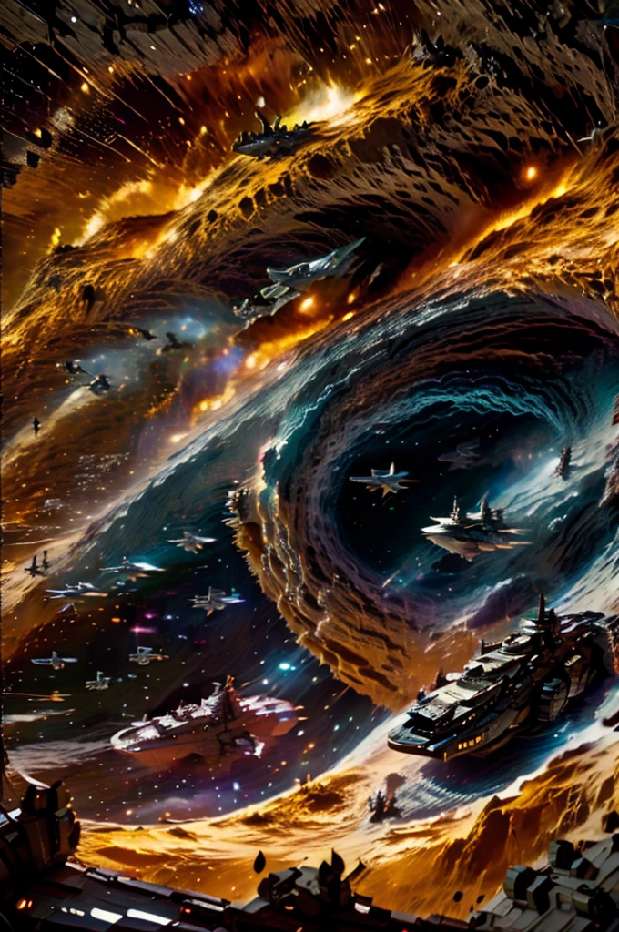 a line of starships coming out of a wormhole in flashes of light with a planet in the background, masterpiece, photo realistic hyperspace jump, epic fleet arrival, best