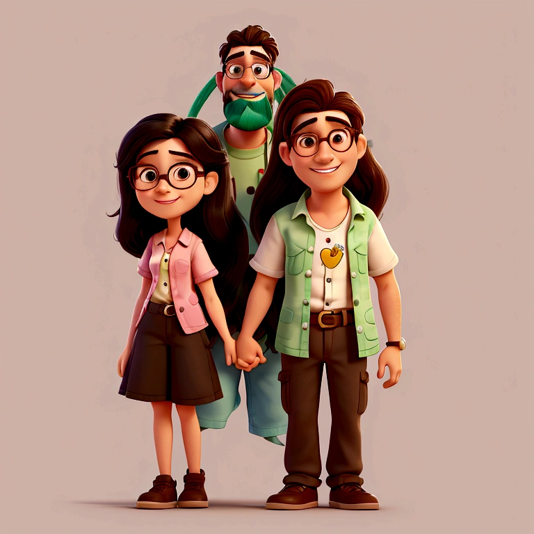 ((PivaArtes)) Create a high quality 2D Pixar Disney cartoon portrait of a man and a woman, a happy couple, the woman with long black hair and brown eyes, man with short hair, bearded black prescription glasses and pink shirt, woman with white strap shirt with green embroidery details.