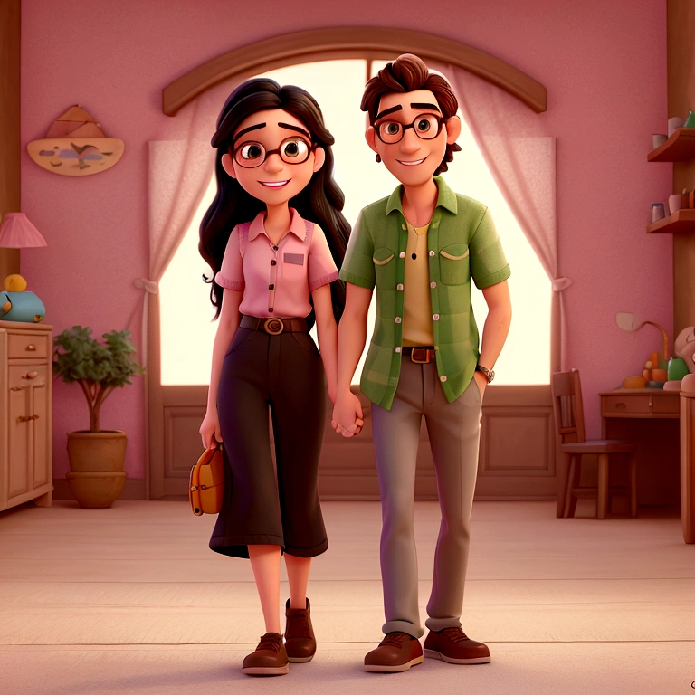 ((PivaArtes)) Create a high quality 2D Pixar Disney cartoon portrait of a man and a woman, a happy couple, the woman with long black hair and brown eyes, man with short hair, bearded black prescription glasses and pink shirt, woman with white strap shirt with green embroidery details.