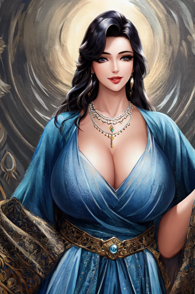 ((masterpiece)), ((best quality)), (ultra-detailed), absurdres, extremely detailed CG unity 8k wallpaper, Official Art, (realistic), beautiful face, detailed hands, expressive eyes, upper body, close up, solo, (scenery, illustration, dramatic lighting:1.1), (standing, arm at side, seductive smile, parted lips:1.2), (1girl, mature female, milf, motherly, narrow waist, huge breasts, sharp eyelashes, lips:1.4), (necklace, jewelry:1.3), ((masterpiece)), , absurdres, HDR