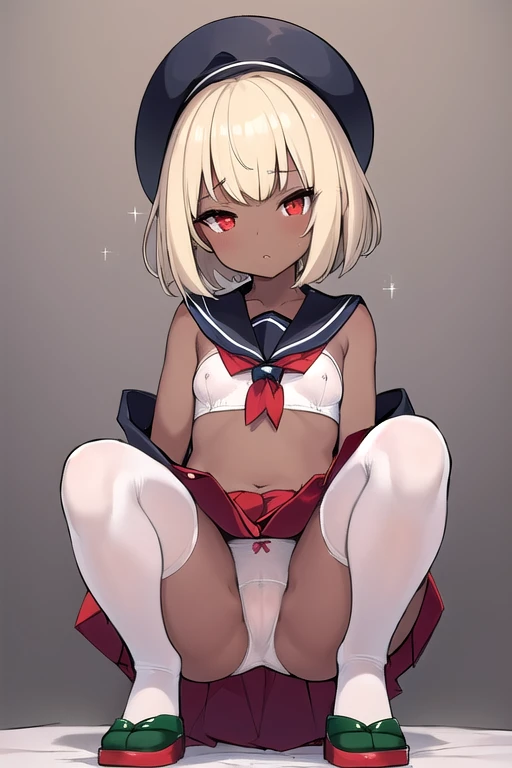 Highest quality, masterpiece, Ultra-high resolution, (One girl:1.2),(Dark Skin),(slender)、(nsfw:1.2),Smooth Hair、Bobcut、Red Eyes、Sparkling Eyes、Detailed eyes、Slanted Eyes、Tanned、Full body、Her breasts are visible、Low - Angle、Small breasts、、Sunburned skin、(Long-skirted dark green sailor suit)、(Light blonde)、(Crouching pose)、(White underwear)、(Highly detailed underwear)