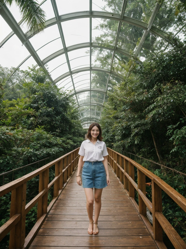 her name is Asako, high quality, 1girl, ((20-year-old fit Caucasian woman)), ((20 years old)), ((slim)), ((Wavy Bob)), pose: standing, wearing stylish fashionable Generation-Z modern wear bright colored, BACKGROUND: In the Cloud Forest Dome at Gardens by the Bay, with its towering indoor waterfall, lush tropical vegetation, and walkways suspended high above the forest floor