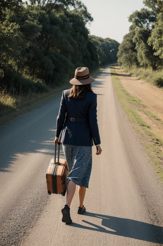Ana walks holding onto her suitcase along the long road to Lule.