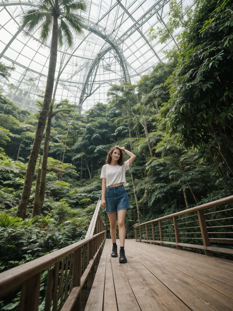 her name is Asako, high quality, 1girl, ((20-year-old fit Caucasian woman)), ((20 years old)), ((slim)), ((Wavy Bob)), pose: standing, wearing stylish fashionable Generation-Z modern wear bright colored, BACKGROUND: In the Cloud Forest Dome at Gardens by the Bay, with its towering indoor waterfall, lush tropical vegetation, and walkways suspended high above the forest floor