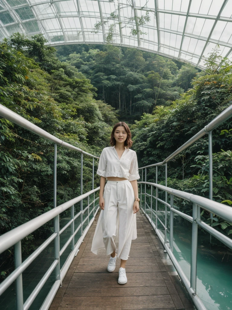 her name is Asako, high quality, 1girl, ((20-year-old fit Caucasian woman)), ((20 years old)), ((slim)), ((Wavy Bob)), pose: standing, wearing stylish fashionable Generation-Z modern wear bright colored, BACKGROUND: In the Cloud Forest Dome at Gardens by the Bay, with its towering indoor waterfall, lush tropical vegetation, and walkways suspended high above the forest floor