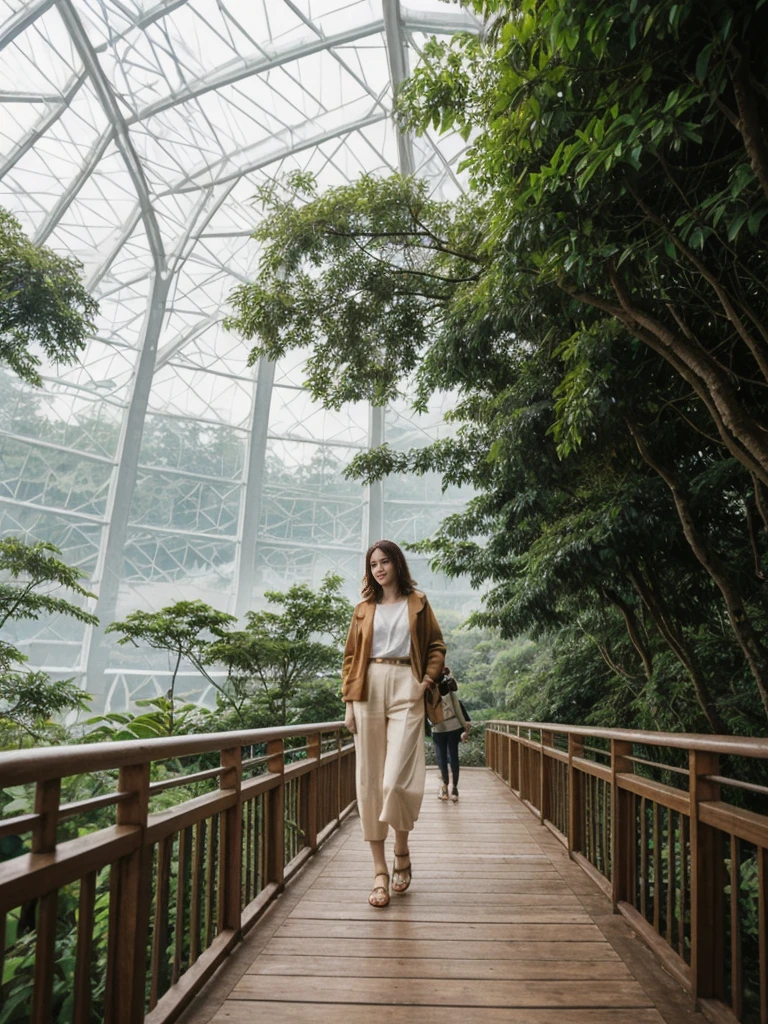 her name is Asako, high quality, 1girl, ((20-year-old fit Caucasian woman)), ((20 years old)), ((slim)), ((Wavy Bob)), pose: standing, wearing stylish fashionable Generation-Z modern wear bright colored, BACKGROUND: In the Cloud Forest Dome at Gardens by the Bay, with its towering indoor waterfall, lush tropical vegetation, and walkways suspended high above the forest floor