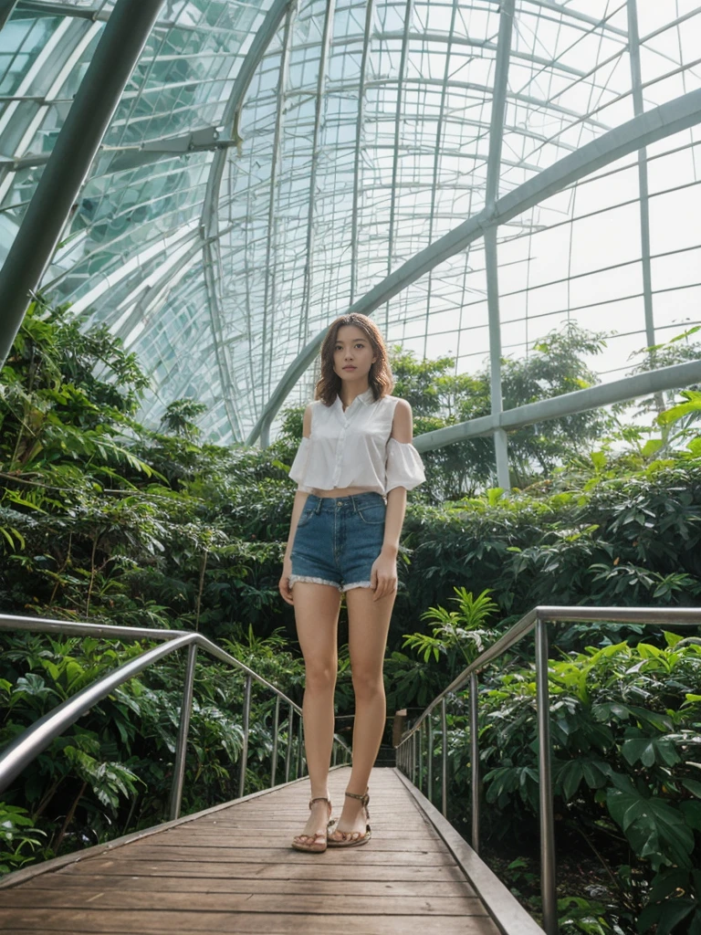 her name is Asako, high quality, 1girl, ((20-year-old fit Caucasian woman)), ((20 years old)), ((slim)), ((Wavy Bob)), pose: standing, wearing stylish fashionable Generation-Z modern wear bright colored, BACKGROUND: In the Cloud Forest Dome at Gardens by the Bay, with its towering indoor waterfall, lush tropical vegetation, and walkways suspended high above the forest floor