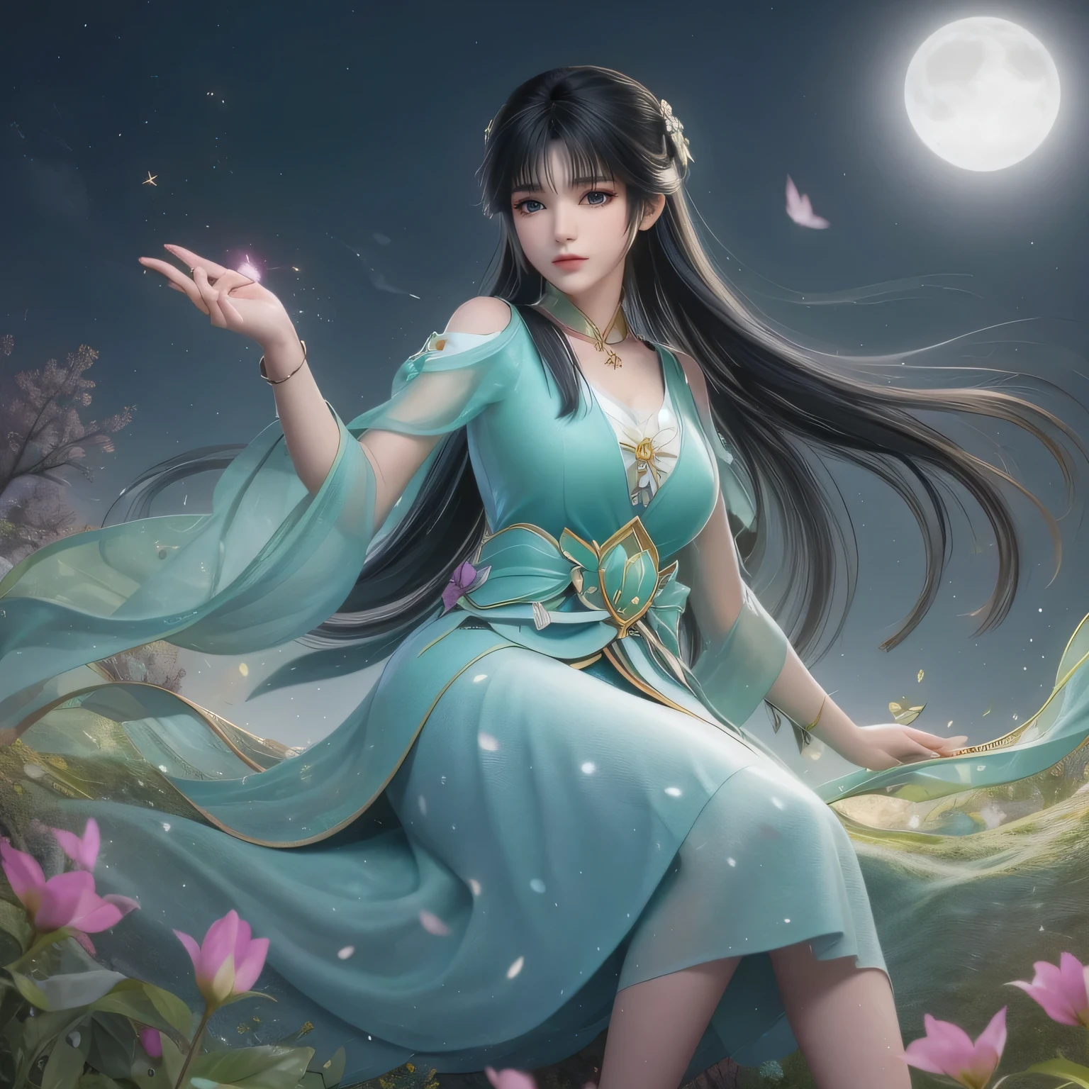 One girl, Girl with long black hair, smile, Hilarious, The girl is sitting in a large flower field and waving her hand, surrounded by beautiful flowers, Calm and peaceful atmosphere, night, Long black hair fluttering in the wind、star々is flashing、moonlight , Beautiful glowing butterflies surround the girl lighting up the darkness of the night, magic,romantic, the night breeze blows the Sepoi Sepoi girl's hair,