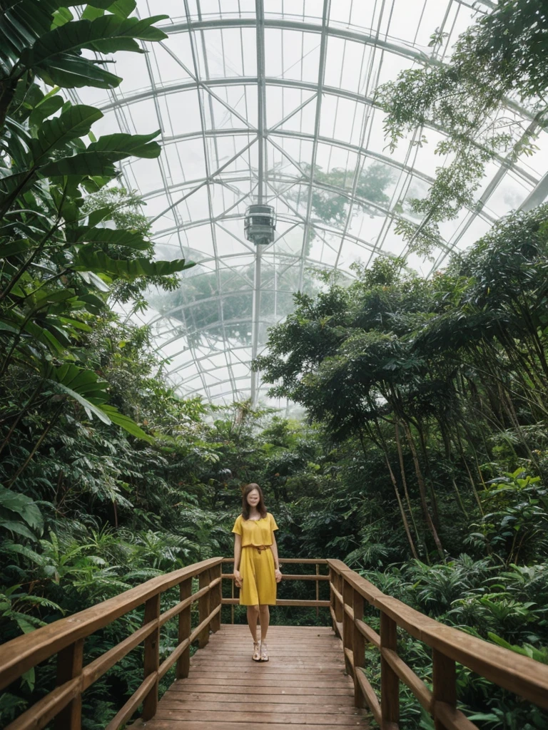 her name is Asako, high quality, 1girl, ((20-year-old fit Caucasian woman)), ((20 years old)), ((slim)), ((Wavy Bob)), pose: standing, wearing stylish fashionable Generation-Z modern wear bright colored, BACKGROUND: In the Cloud Forest Dome at Gardens by the Bay, with its towering indoor waterfall, lush tropical vegetation, and walkways suspended high above the forest floor