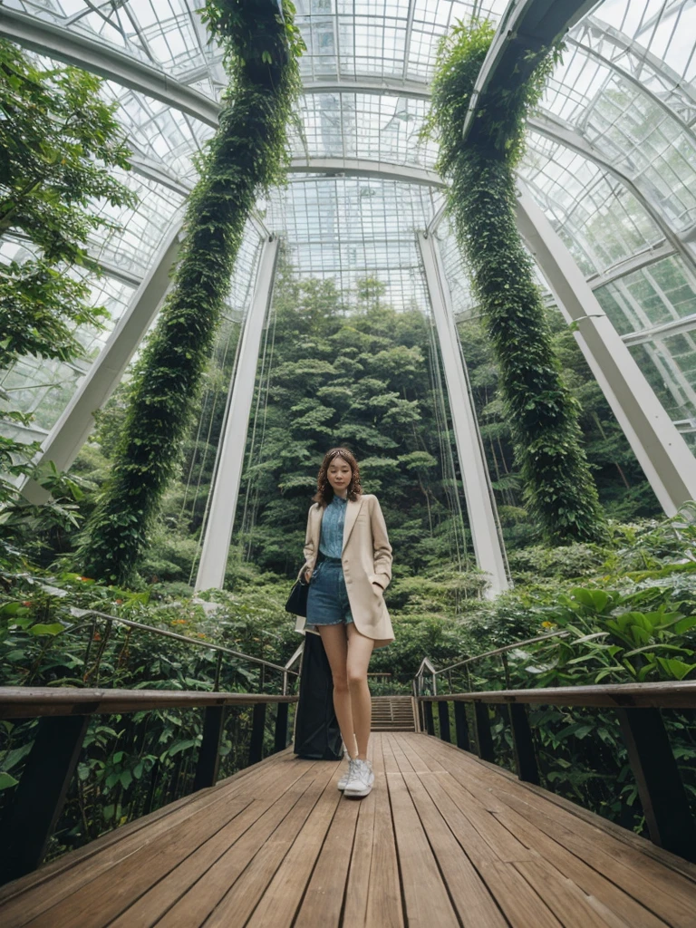 her name is Asako, high quality, 1girl, ((20-year-old fit Caucasian woman)), ((20 years old)), ((slim)), ((Wavy Bob)), pose: standing, wearing stylish fashionable Generation-Z modern wear bright colored, BACKGROUND: In the Cloud Forest Dome at Gardens by the Bay, with its towering indoor waterfall, lush tropical vegetation, and walkways suspended high above the forest floor