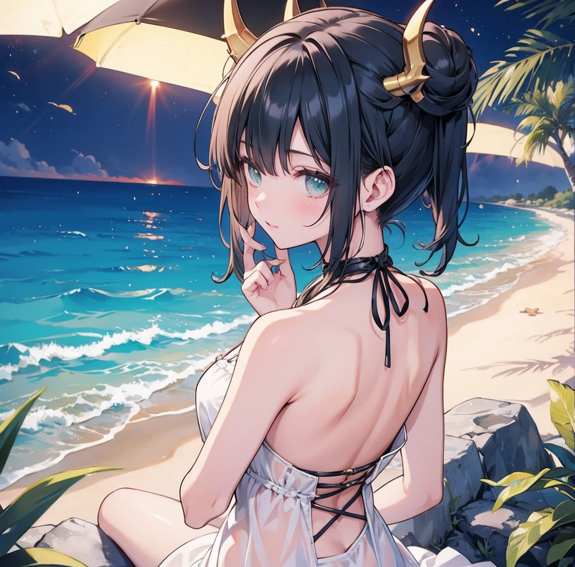 One woman、Gorgeous green swimsuit、,race,Black Hair、Short bun hair、hair ornaments、necklace、back、Back view、Golden devil horns、Anatomically correct,、Night beach、Night Pool