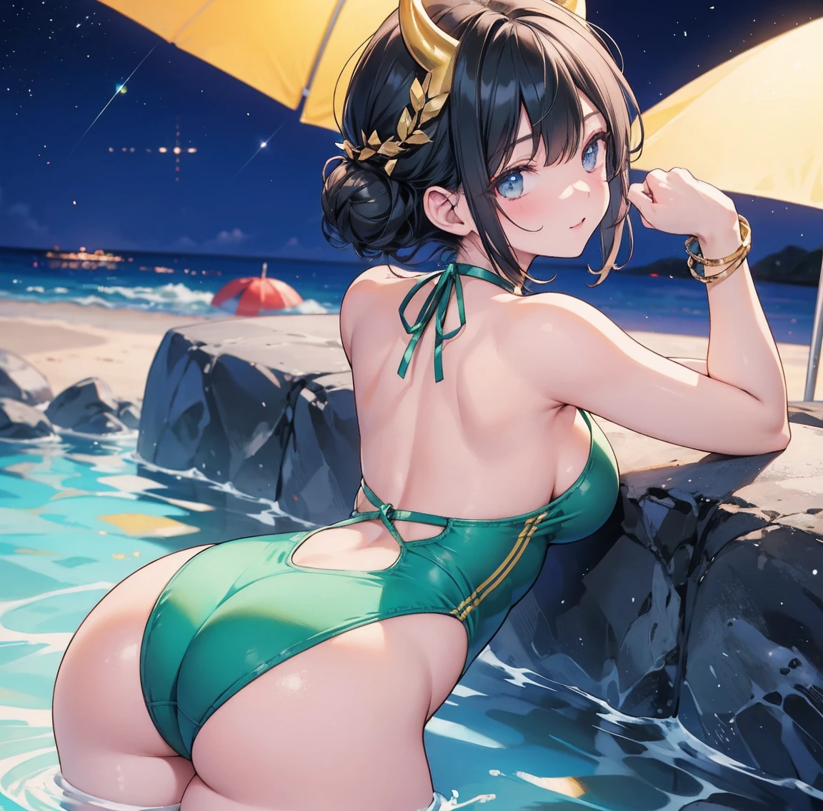 One woman、Gorgeous green swimsuit、,race,Black Hair、Short bun hair、hair ornaments、necklace、back、Back view、Golden devil horns、Anatomically correct,、Night beach、Night Pool