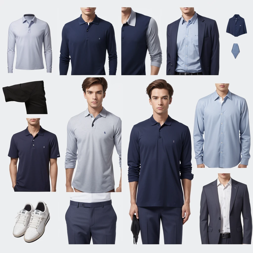 Generate 10 separate high-quality images of business casual shirts for men, including navy blue button-up shirts, light blue dress shirts, white oxford shirts, and grey polo shirts. Each image should display one item on a plain white background, without any human figures or mannequins. Each item should be isolated, floating, and centered in the image. Photorealistic, 4K resolution.