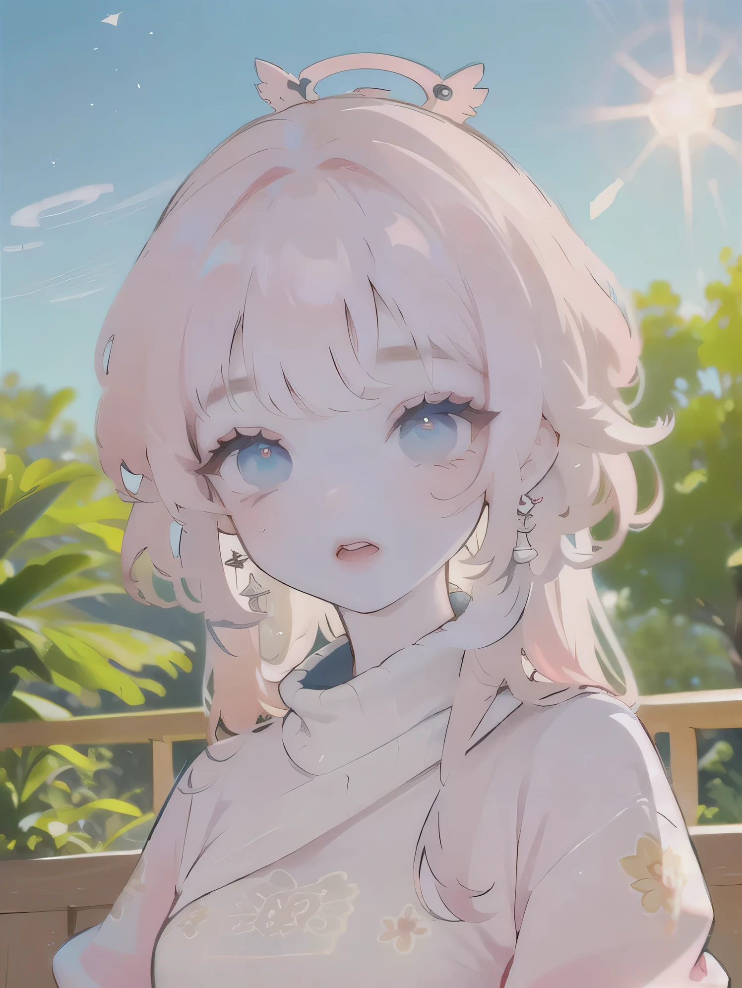 (high quality) (best quality) (a woman) (correct physiognomy) (perfect students) (perfect eyes) anime woman, deep pink, long and fluffy hair, two rabbit ears coming out of her head, blue eyes, lips sensitive, feminine appearance, soft facial features, thin eyebrows, soft skin, rosy cheeks, pink lips, silky eyelashes, dreamy expression, middle age, youthful clothing, print sweatshirt, photo illuminated by sunlight, Woman sitting on forest.