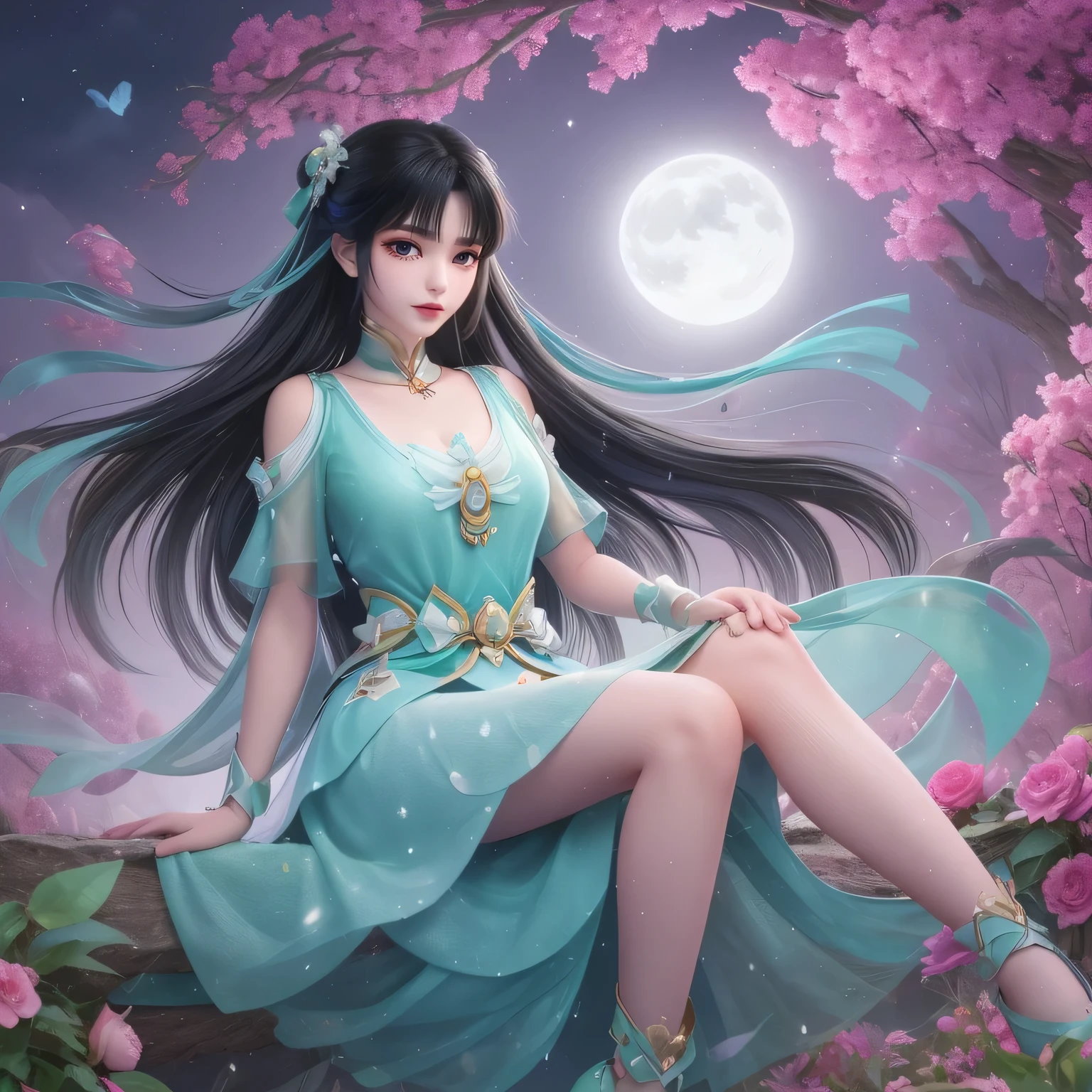 One girl, Girl with long black hair, smile, Hilarious, The girl is sitting in a large flower field and waving her hand, surrounded by beautiful flowers, Calm and peaceful atmosphere, night, Long black hair fluttering in the wind、star々is flashing、moonlight , Beautiful glowing butterflies surround the girl lighting up the darkness of the night, magic,romantic, the night breeze blows the Sepoi Sepoi girl's hair, 