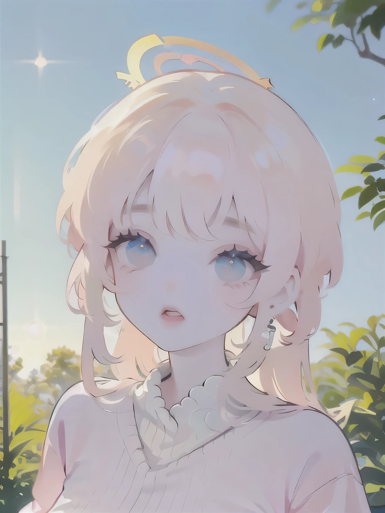 (high quality) (best quality) (a woman) (correct physiognomy) (perfect students) (perfect eyes) anime woman, deep pink, long and fluffy hair, two rabbit ears coming out of her head, blue eyes, lips sensitive, feminine appearance, soft facial features, thin eyebrows, soft skin, rosy cheeks, pink lips, silky eyelashes, dreamy expression, middle age, youthful clothing, print sweatshirt, photo illuminated by sunlight, Woman sitting on forest.