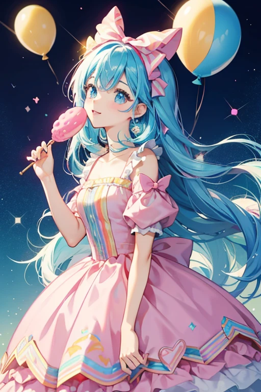 Her motif is Airheads. She has a pastel Airhead balloon. Her dress is pink and blue, and has a small yellow bow. SPARKLE; GLITTER