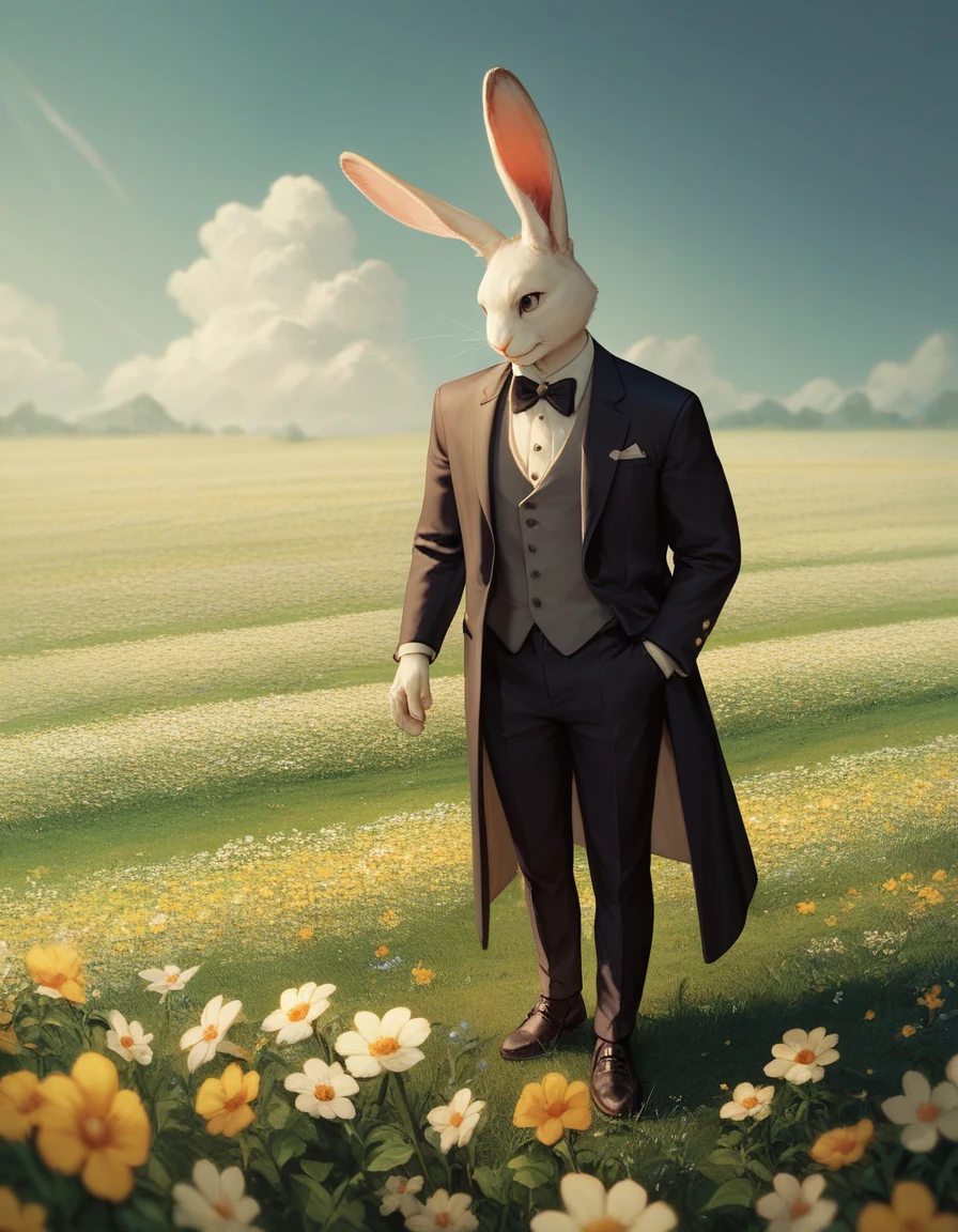 a rabbit wearing a tuxedo standing on a field of flowers, 4k, uhd, masterpiece
