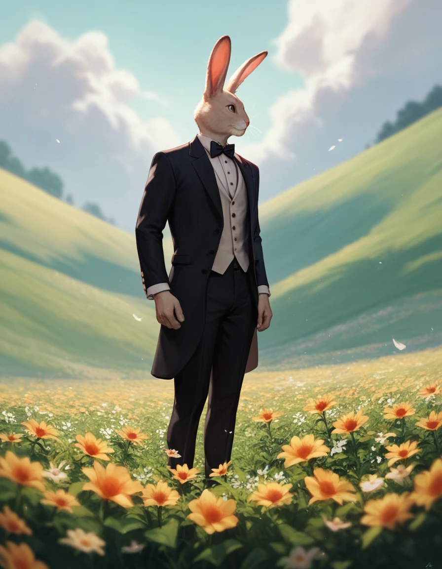 a rabbit wearing a tuxedo standing on a field of flowers, 4k, uhd, masterpiece