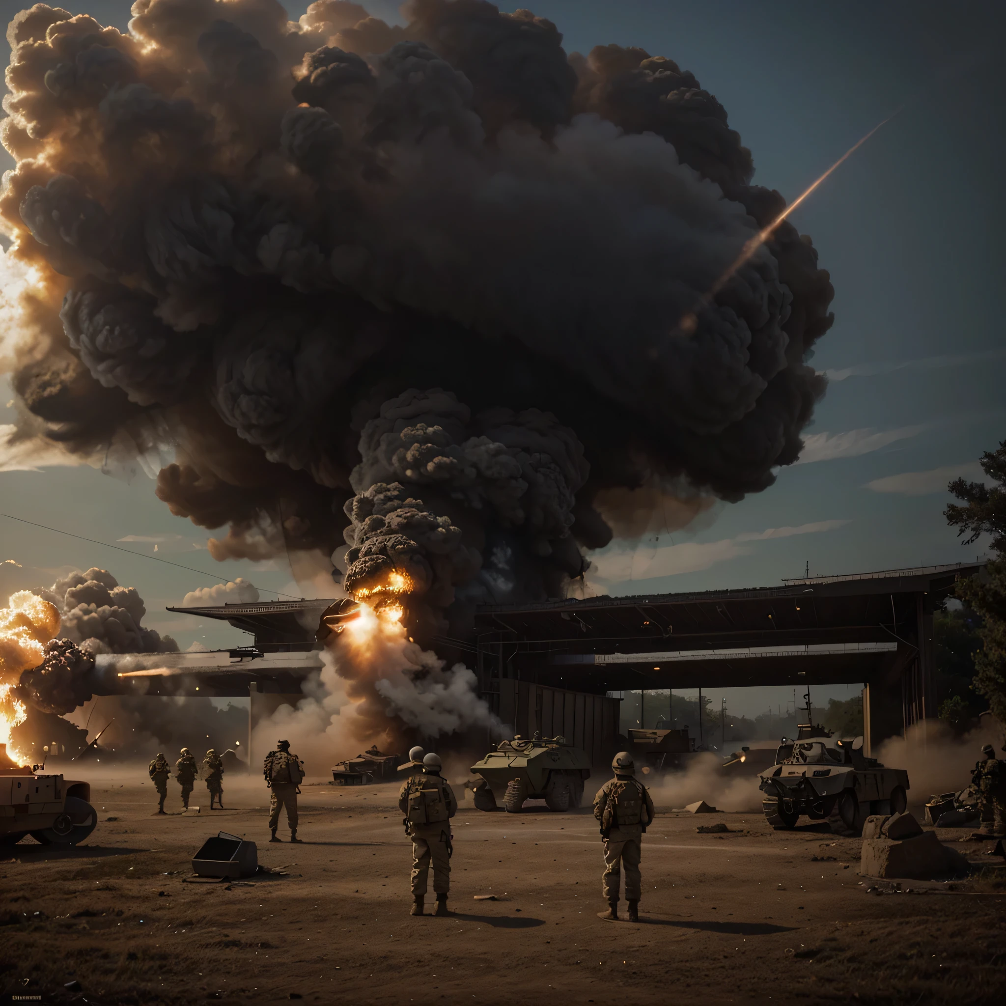 gigantic energy beam that falls from the sky and destroys an Asian military base, many soldiers and military vehicles, fire and smoke, 4k, ultra detailed image, realistic, very detailed, perfect composition, splendid, intricately detailed, incredibly detailed, art photography 8k, hyper detailed, Masterpiece, ultra detailed, hyper realistic, 4k, ultra detailed image, realistic, highly detailed, perfect composition, splendid, intricately detailed, incredibly detailed, Artistic photography in 8k, hyper detailed