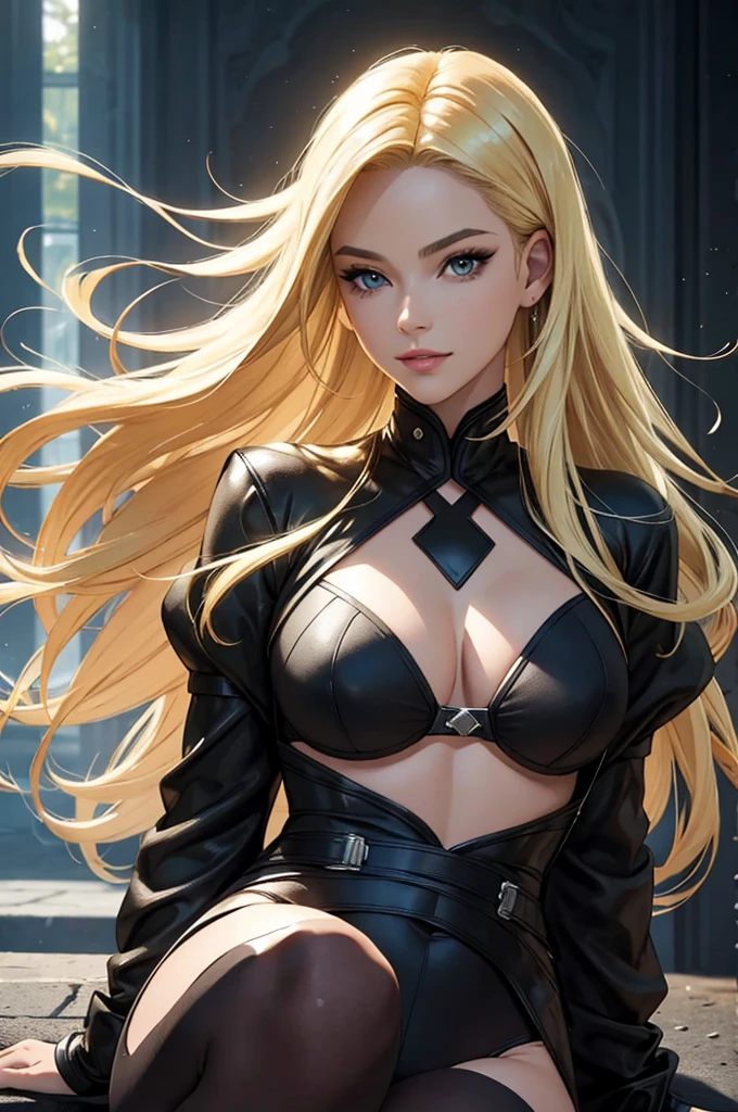 blonde hair, hair blonde grande,black cloack, black may, black cloack, black may, black cloack grande, grande black cloack, (best qualityer,ultra detali,photorrealistic:1.37),bright and vibrant colors,studio lighting,Playful expression,stylish make up,long blonde hair flowing in the wind,Eyes seductive,Glossy lips,pose sexy, x-men, 2099, smiling confidently and seductively,Posing for a professional photo shoot,Shallow depth of field,highlighting the main topic,soft natural lighting,Creating a dreamy and magical atmosphere.black cloack, black may, black cloack, black may, black cloack grande, grande black cloack, black may, black bikini, blonde hair, hair blonde