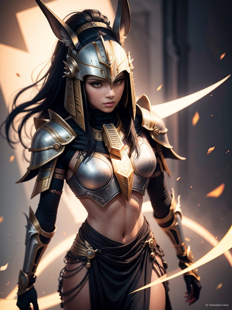 Futuristic warrior in Egyptian style, with futuristic Anubis helmet.