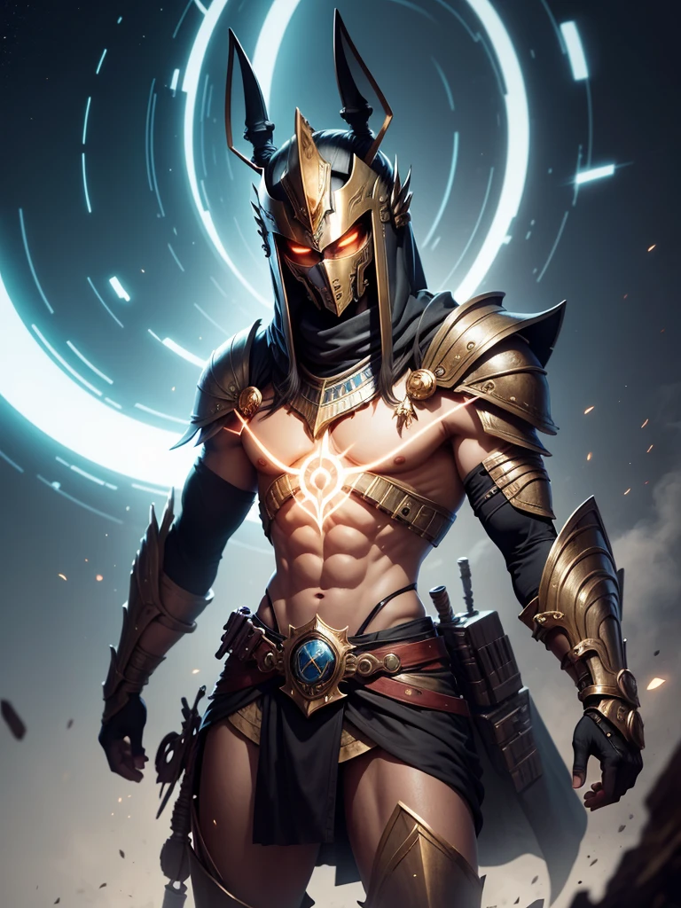 Futuristic warrior in Egyptian style, with futuristic Anubis helmet.