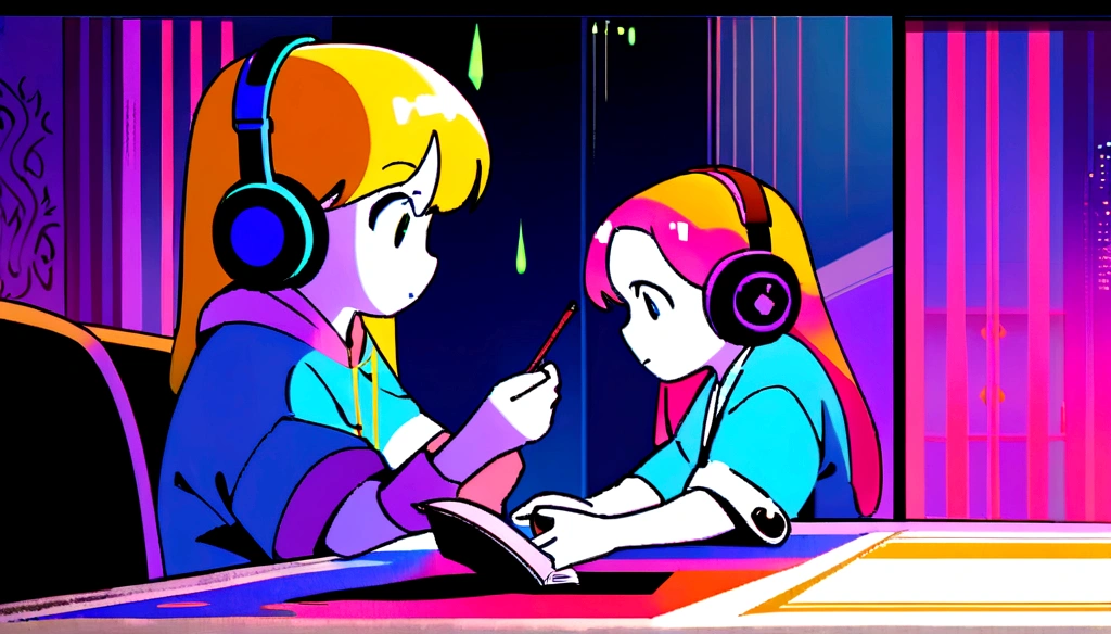 (zero), Girl studying in room, Reading a book, Wear headphones, , night lighting, Neon scenery on a rainy day,Analog Color Theme, Lo-fi Hip Hop , review, flat, 2.5D ,Draw a line, Ink painting, Large slope, Watercolor, Goosh Colors, Studio Ghibli style, Great colorful, Outerton, Synthwave, Lofi Art,90s Style,Old Texture, amplitude,90s vibe, Tabletop, Great technology, 16:9 Scale