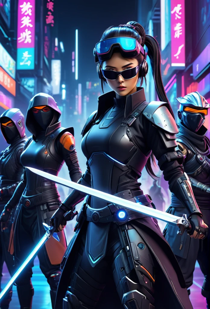 ciberpunkA group of characters from different styles and historical periods, each with their own personality and unique appearance, holding a gleaming sword alongside a futuristic cyborg with tough cybernetic implants alongside an agile ninja with traditional Japanese codes and shurikens at the ready. launch In the center of the composition, a hacker with virtual reality glasses, surrounded by neon fingerprints. in an epic pose, with certain looks, ready to face challenges in a virtual world.