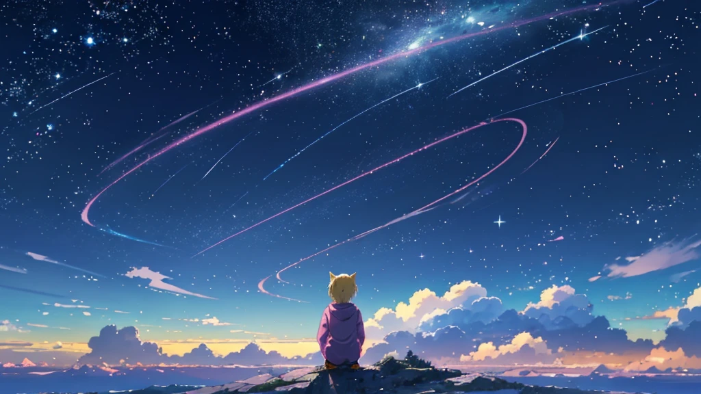 Pink hoodie、Beautiful sky anime scene with stars and planets, Space Sky. by Makoto Shinkai, anime art wallpaper 4k, anime art wallpaper 4k, Anime Art Wallpapers 8K, anime wallpaper 4k, anime wallpaper 4k, 4k anime wallpaper, Anime Sky, Awesome Wallpapers, Anime Background, Heavenly planets in the background, Anime Background art no humans landscape、Blonde、Shortcuts、Pink hoodie、Denim shorts、Black sneakers、Cat ear