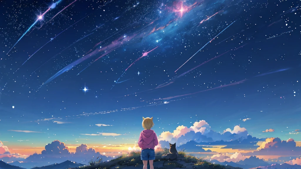 Pink hoodie、Beautiful sky anime scene with stars and planets, Space Sky. by Makoto Shinkai, anime art wallpaper 4k, anime art wallpaper 4k, Anime Art Wallpapers 8K, anime wallpaper 4k, anime wallpaper 4k, 4k anime wallpaper, Anime Sky, Awesome Wallpapers, Anime Background, Heavenly planets in the background, Anime Background art no humans landscape、Blonde、Shortcuts、Pink hoodie、Denim shorts、Black sneakers、Cat ear