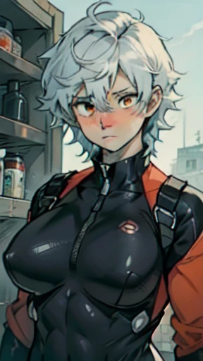 pale skin solo 1girl orange eyes sad frown indigo spiked hair huge toned body muscular girl blushing round buson gorgeous body pilot bodysuit
