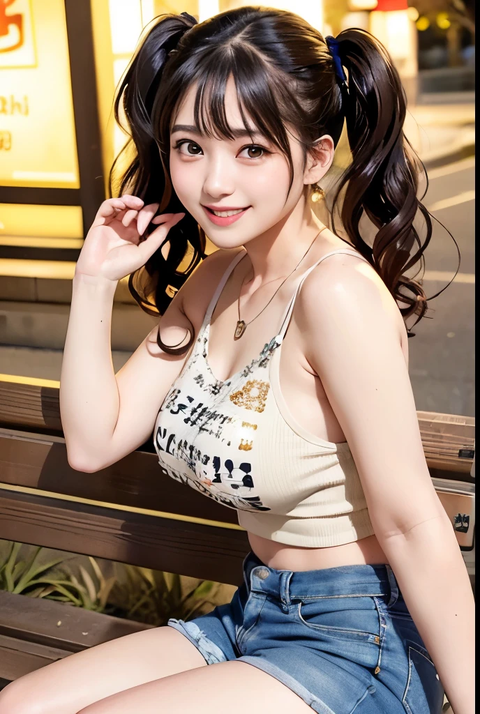 (Highest quality,masterpiece:1.3,Ultra-high resolution),(Very detailedな、Caustics) (Photorealistic:1.4, RAW shooting、)Ultra-Realistic Capture、Very detailed、Natural skin texture、masterpiece、(Sequin tank top and short denim pants:1.3)、1 Japanese girl、Adorable expression、Expressions of Happiness、s old、Young Face、Surprisingly cute、Twin tails、Curly Hair、Black Hair、Scrunchie、Earrings、necklace、light makeup、A big bust that seems to burst、This photo was taken on a busy street at night..、Shining thighs、Sit on a bench on the sidewalk、Shooting from the side、smile、An inviting gaze、