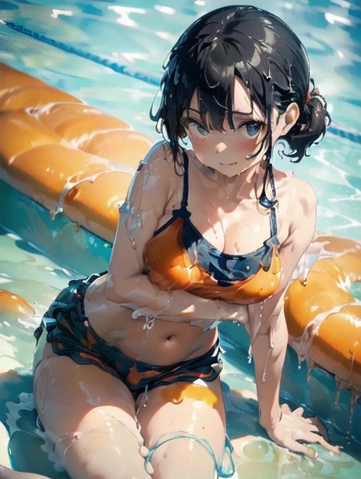 (Soaked with slimy liquid:1.6),Orange swimsuit(((Orange camisole)),Navy blue piping),(Navy blue shorts),Black Hair,(A pool of slimy liquid:1.2),(Leaning forward pose:1.6),