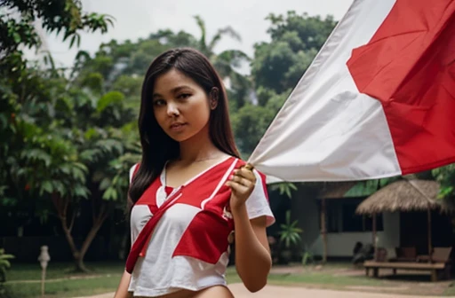 a woman is holding a red and white flag which is the symbol of Indonesia
