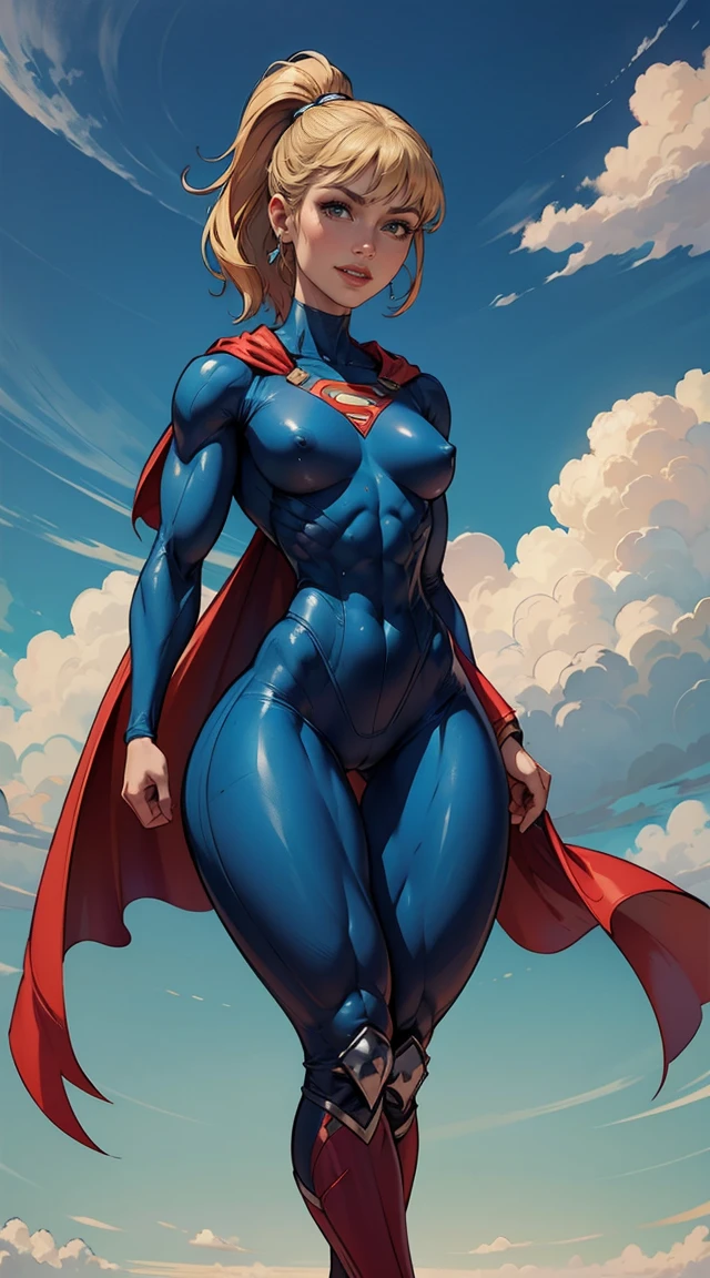 (Muscular:1.8), (thick thighs:1.7),
blonde female, (supergirl), (big smile:1.5), long hair, short hair, blunt bangs, (ponytail:0.9),
earrings, lipstick, eyeshadow,
hard nipples,
(full body suit, blue bodysuit:1.6), (small cape:1.3),
looking at viewer, three quarter view, (upper body view:1.9),
(floating, in midair, sky and clouds background:1.3), rim lighting, two tone lighting, dim lighting, bokeh, detailed skin, detailed eyes